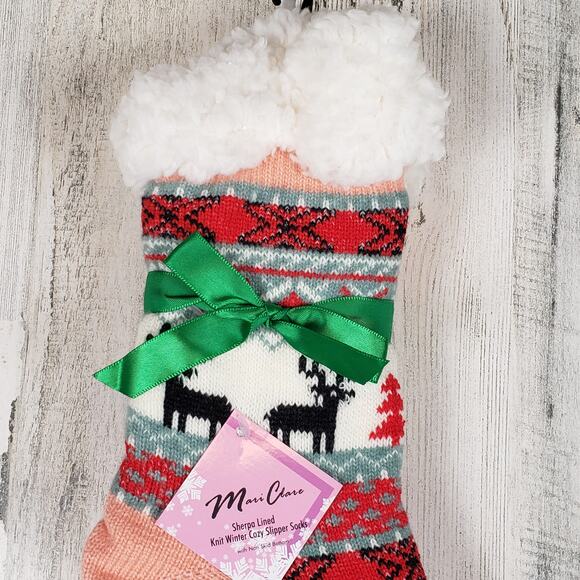 NWT Mari Clare Sherpa Lined Knit Winter Reindeer Design No-Slip Slipper Socks - Picture 3 of 6